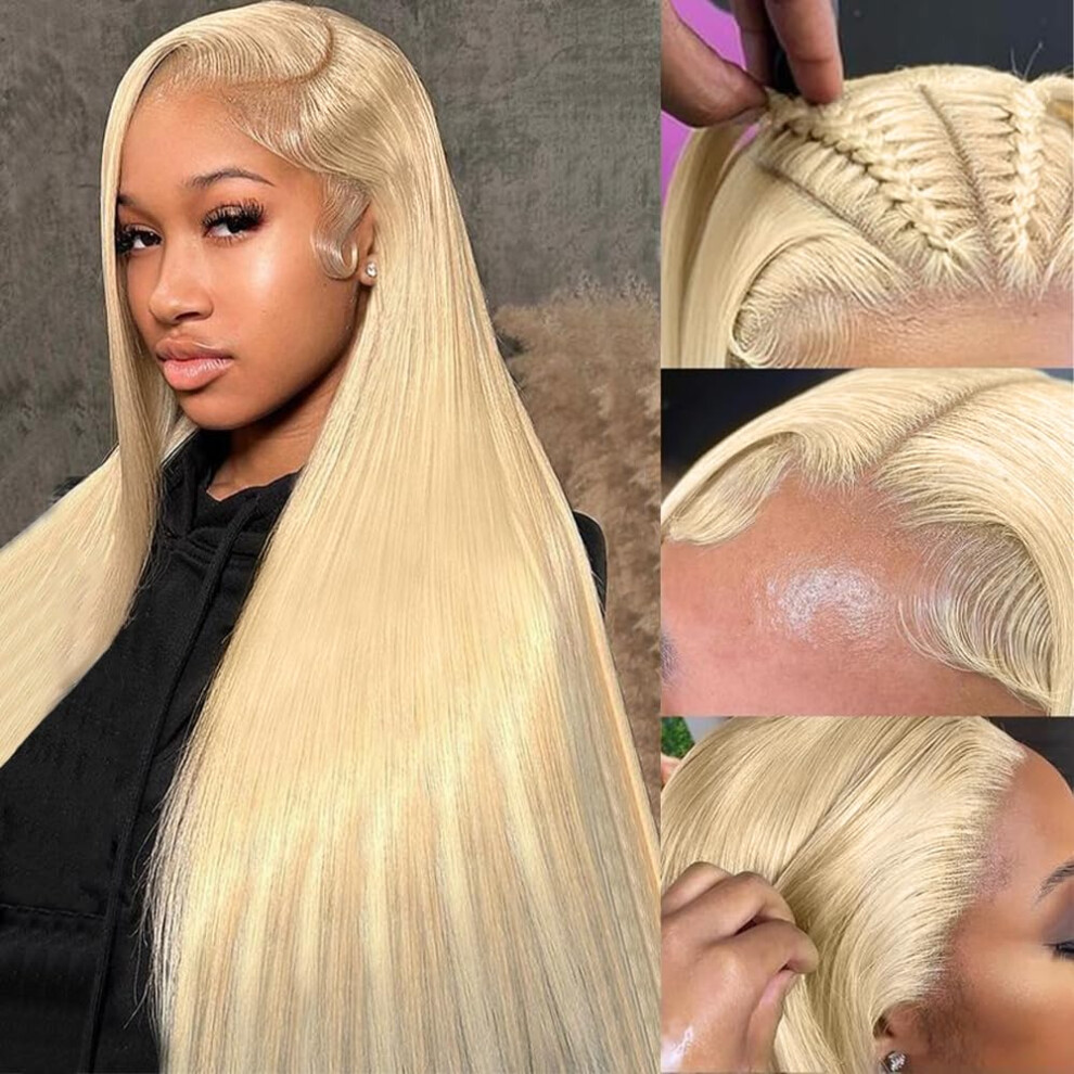 Unisex 30 Inch 613 Blonde Human Hair Lace Front Wig 13X6 Frontal Pre Plucked Hairline 220 Density Straight Style