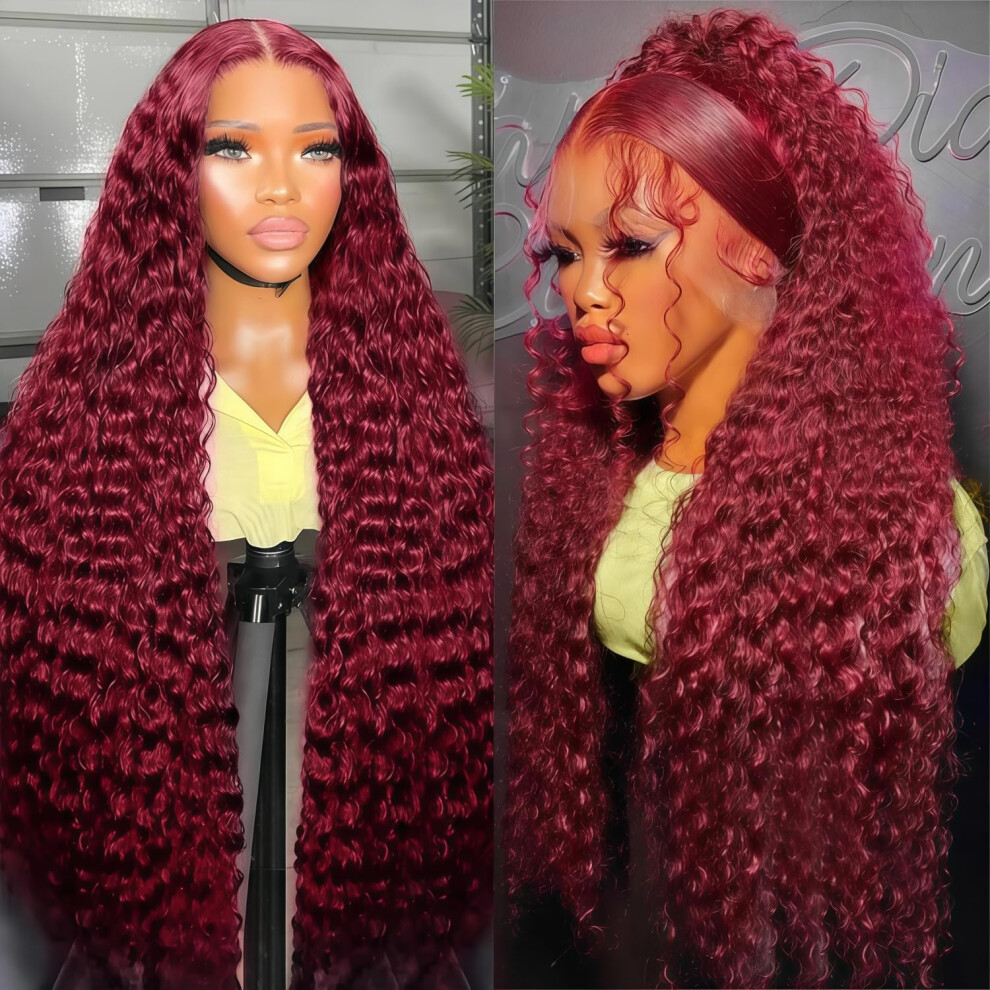 30 Inch 99J Burgundy Lace Front Wig Human Hair Deep Wave 280 Density 13x6 Preplucked