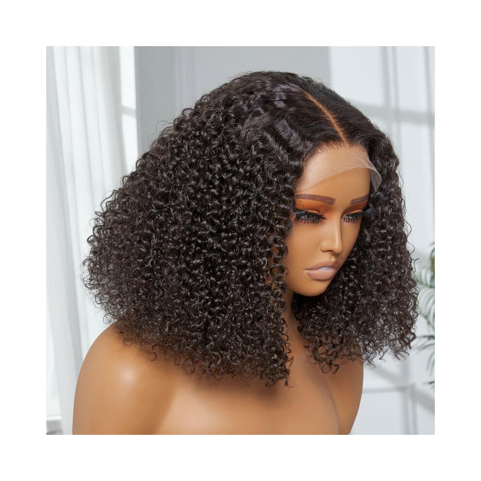 Unisex Hd Lace Wig 14 Inch Kinky Curly Bob, 5X5 Closure Glueless Human Hair, Pre Plucked 180 Density