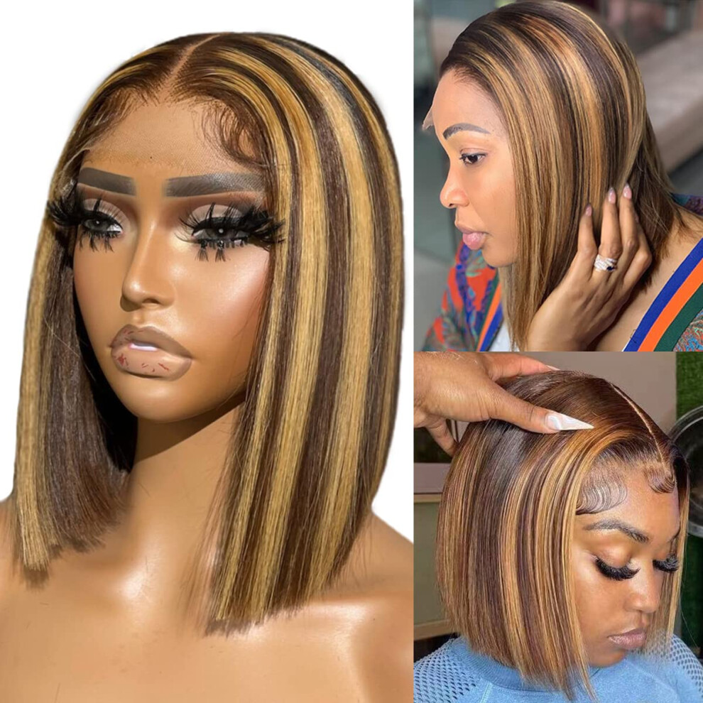 Unisex Brown Hd Lace Front Wig Short Bob Ombre Highlight, Glueless Pre Plucked Brazilian Virgin Hair, 16 Inch