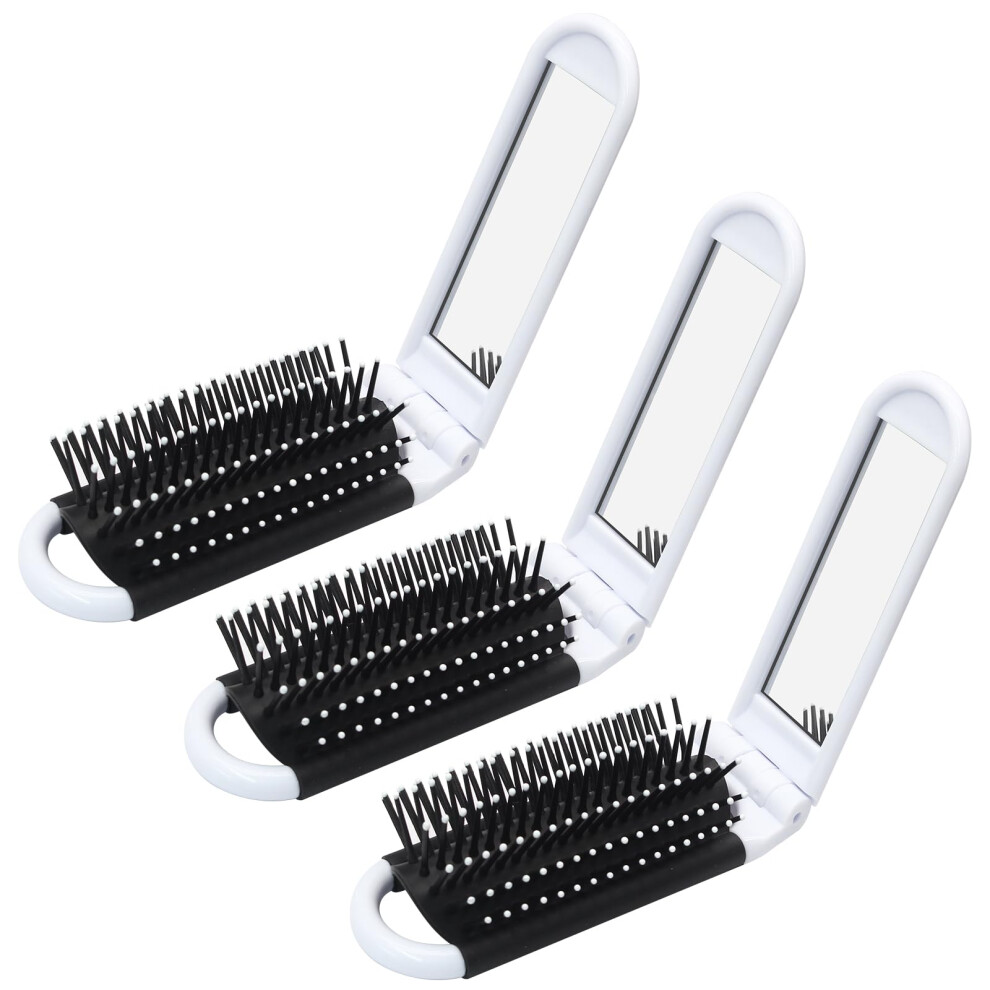 White 3 Pack Folding Hair Brush With Mirror, Compact Travel Hairbrush For Women, Purse And Gym Use,