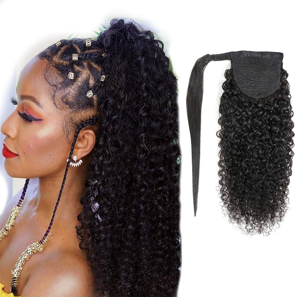Unisex Black Human Hair Ponytail Extension 18 Inch Afro Kinky Curly Natural 1B Wrap Around Clip In