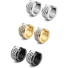 Jstyle3Pairs Nerezové kruhové náušnice pro muže a ženy, řecké klíčové náušnice, piercingové šperky