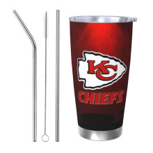 KC Chiefs fotbollslagstema 600 ml termos i rostfritt stål med lock och sugrör - kompatibel med mugghållare i bilen, varma och kalla drycker
