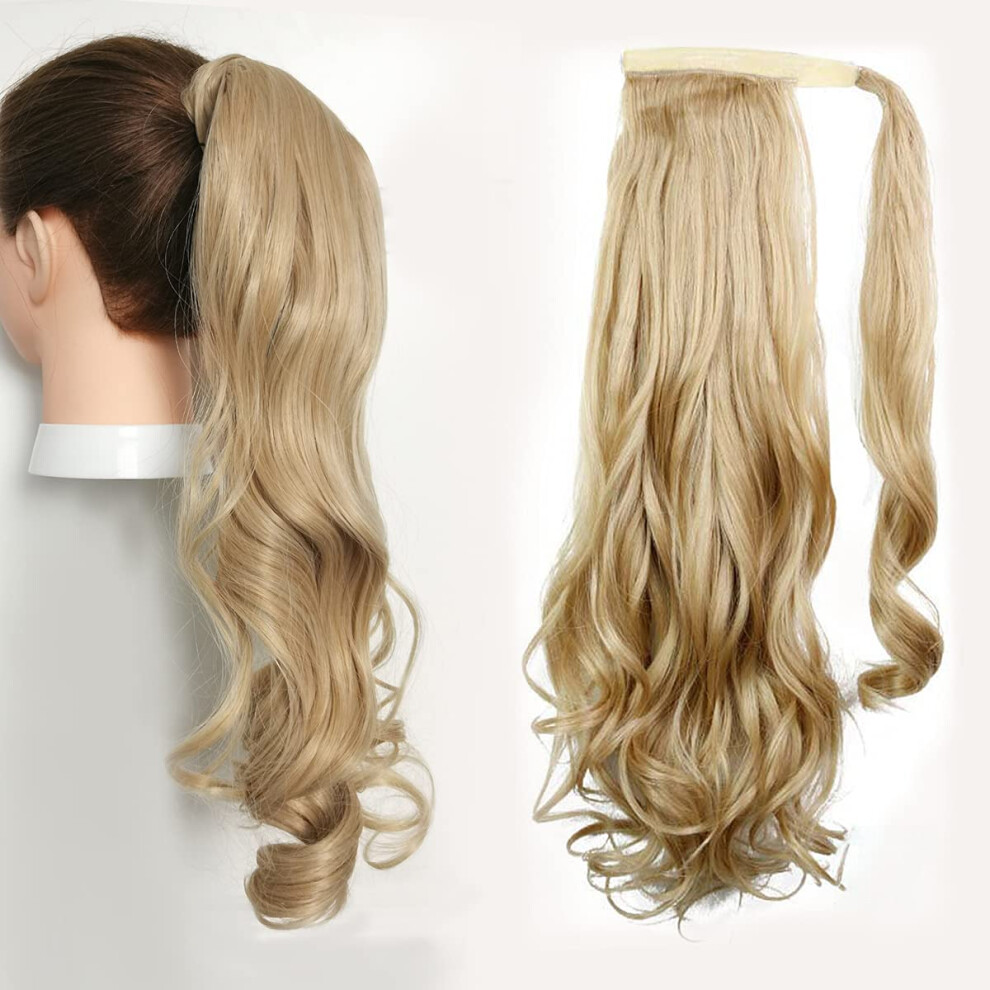 Unisex Ponytail Hair Extensions 18 Inch Long Wavy Synthetic Wrap Around For Women Strawberry Blonde Bleach Blonde
