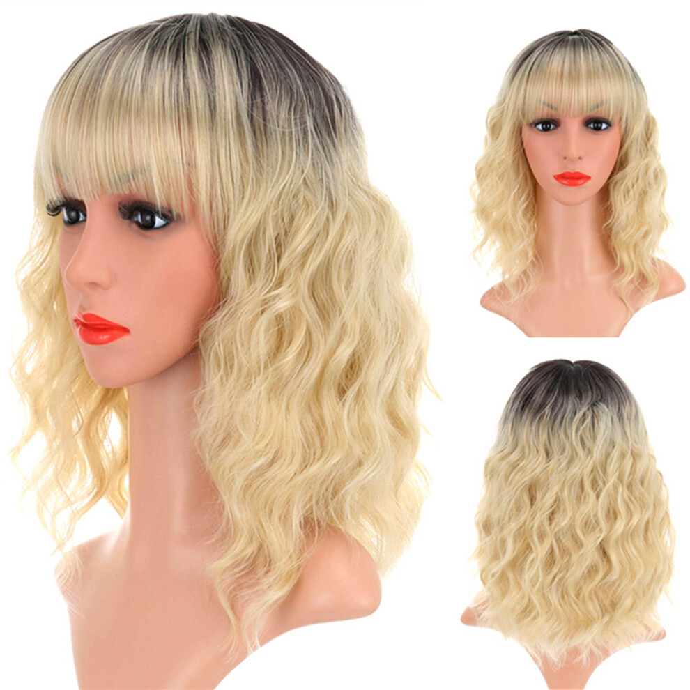 Short Bob Ombre Blonde Wig Shoulder Length Heat Resistant Synthetic Fiber with Bangs 14 Inch