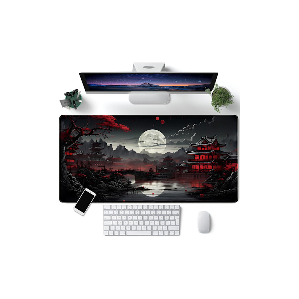 Japanese Desk Mat Full Moon Desk Pad 80 X 40 Cm Mouse Pad Gaming Mouse Pad Extended Keyboard Mat Laptop Com Black/Red 9499224637771