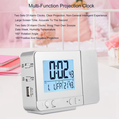 Leylor Projection Clocks, LED Multifunction Projection Digital Alarm Clock Temperature USB (Silver)