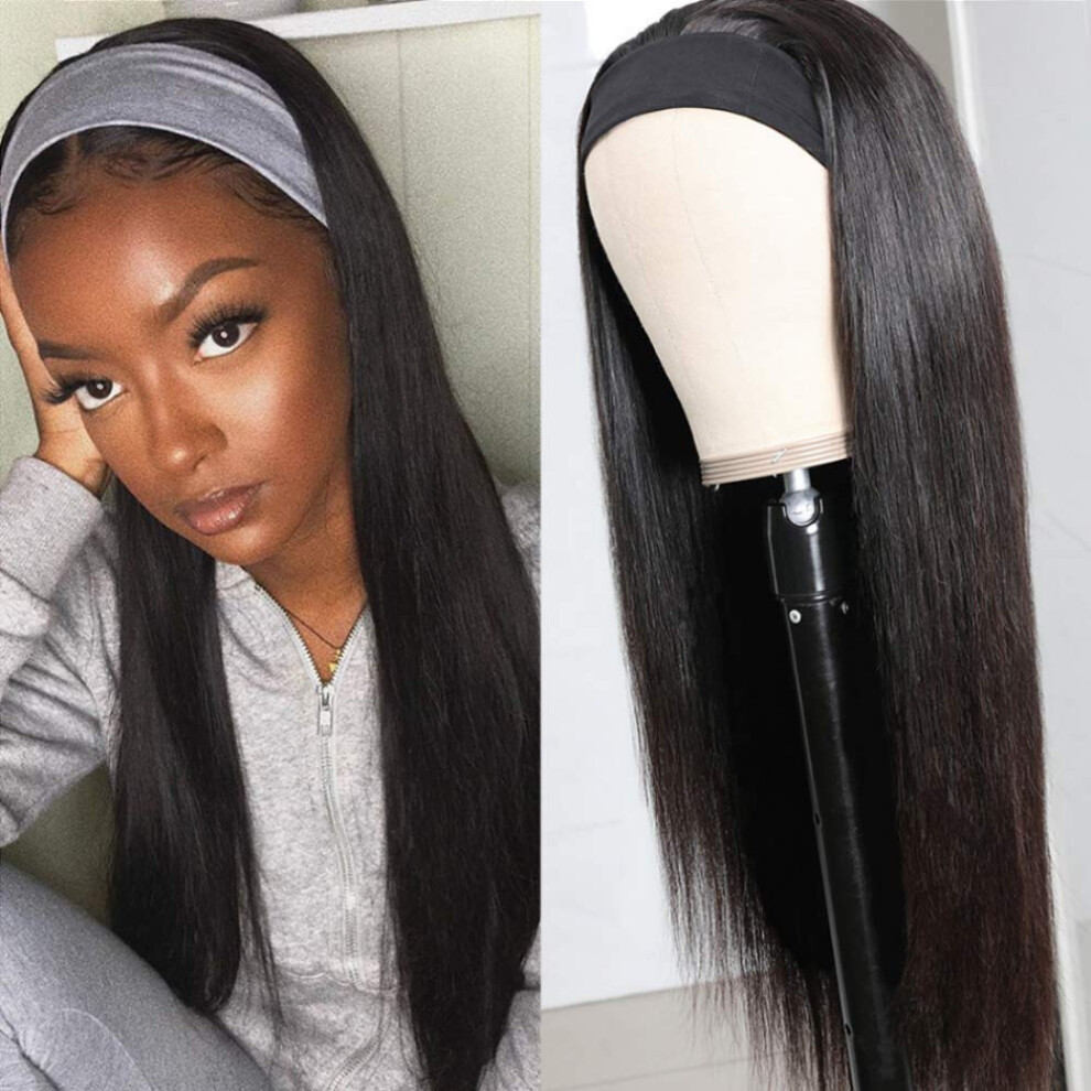 Unisex 14 Inch Straight Human Hair Headband Wig, Glueless Remy, 180% Density, Natural Hairline