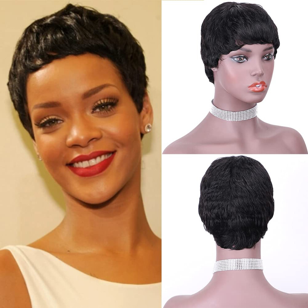 Unisex Black Short Pixie Cut Human Hair Wig For Women 1B Jet Brazilian Virgin Ready To Wear