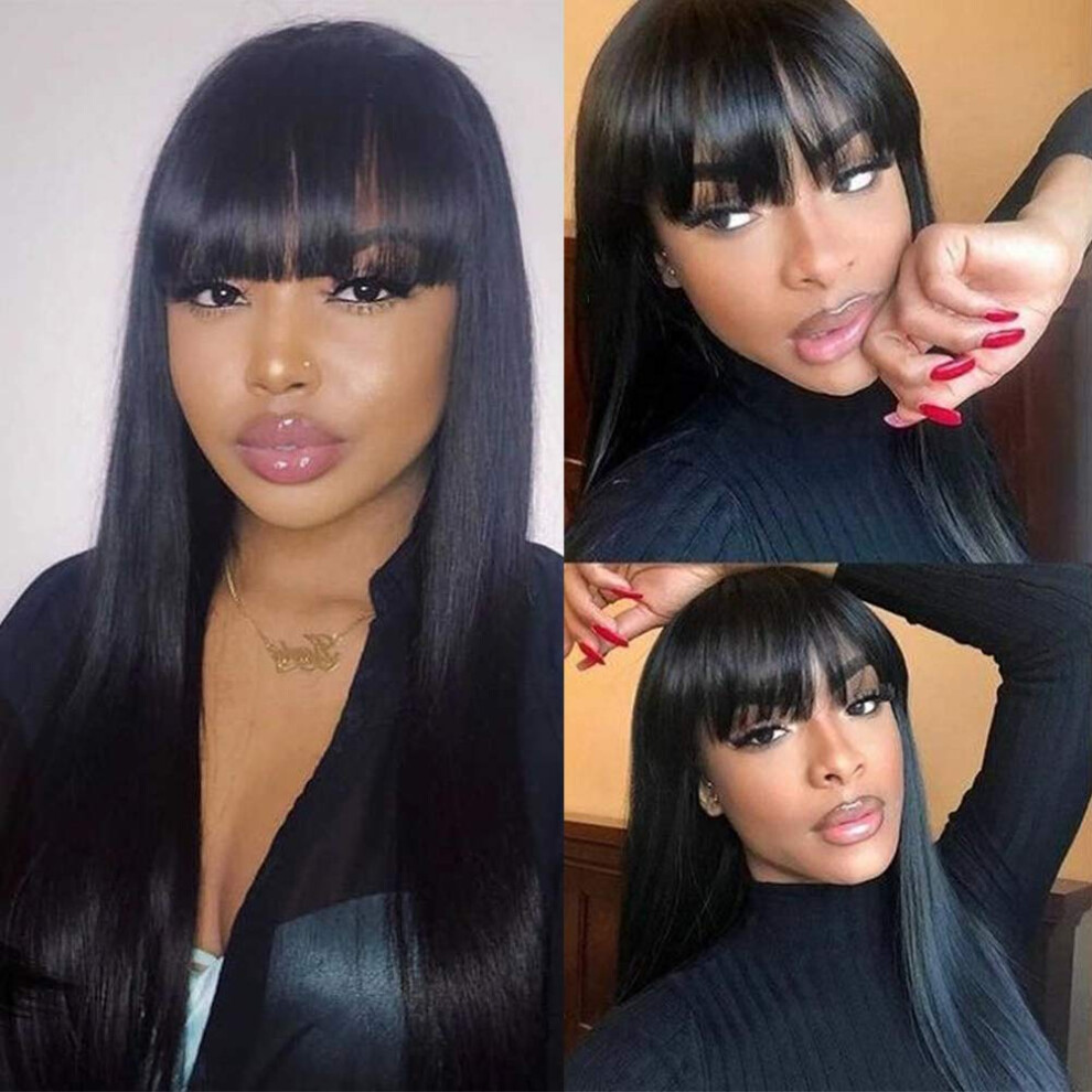 Straight Human Hair Wig with Bangs 150% Density Brazilian Virgin Hair for Black Women 24 Inch