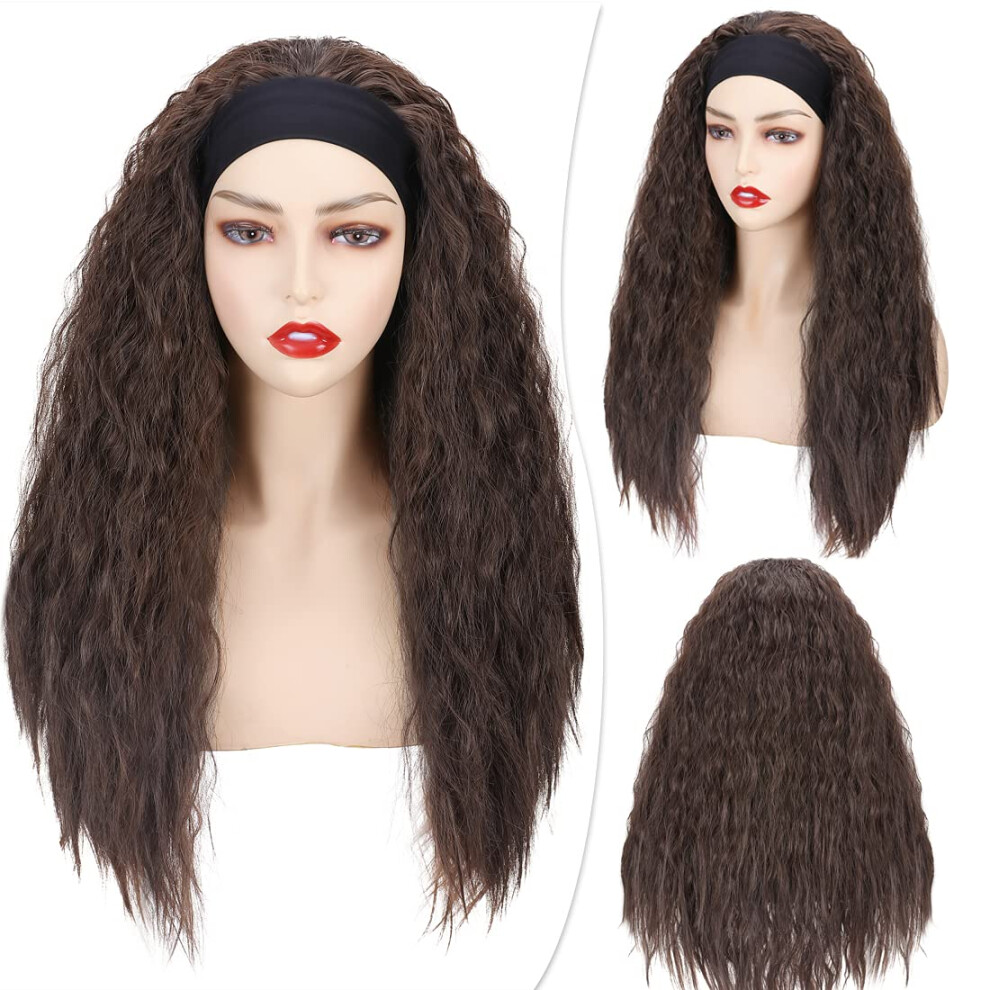 Unisex Black,Brown Synthetic Headband Wig For Black Women Water Wave Corn Wavy Glueless 24 Inch Brown Naturallooking