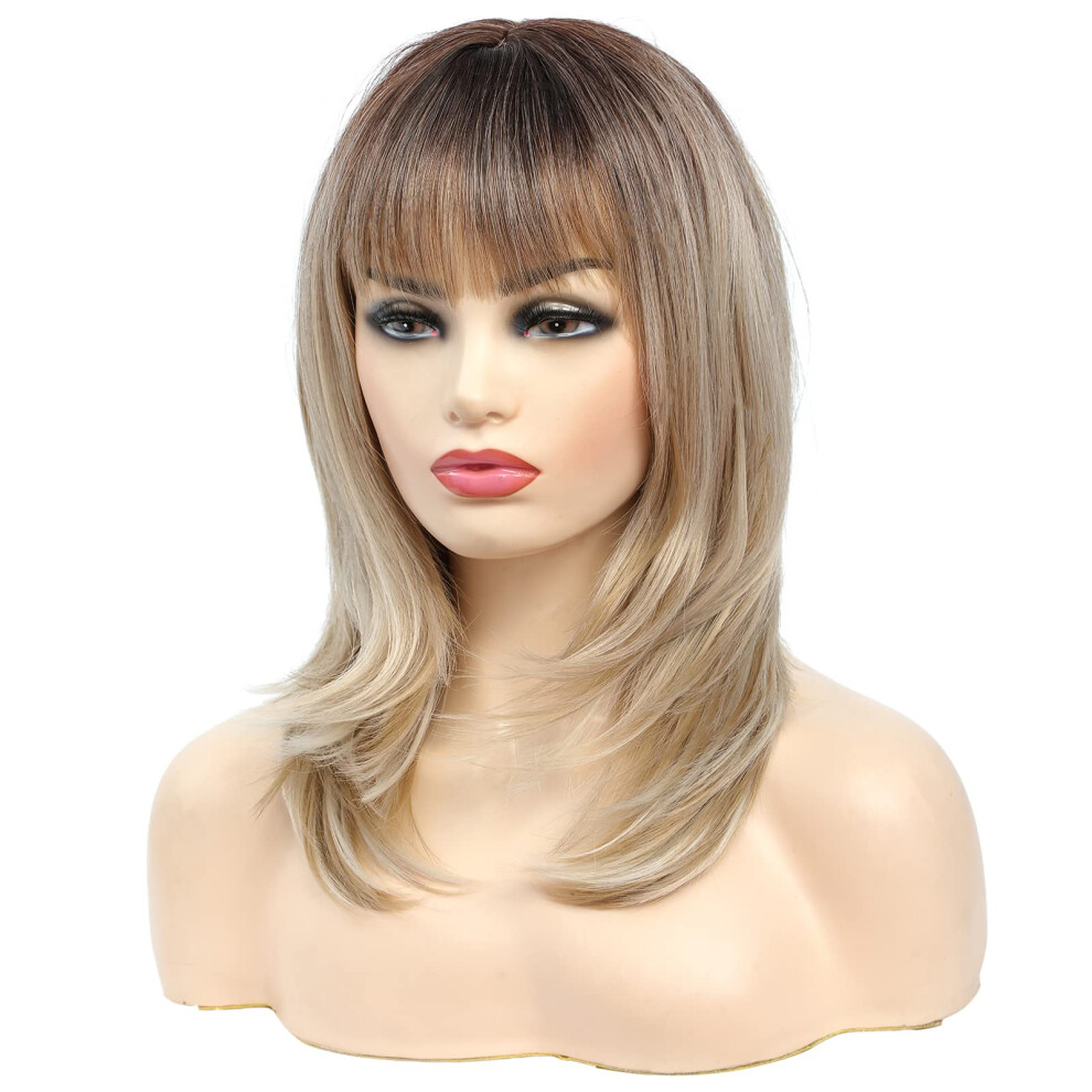 Unisex Brown Blonde Ombre Curly Wig With Bangs Shoulder Length Synthetic Hair For Women Ombre To Blonde