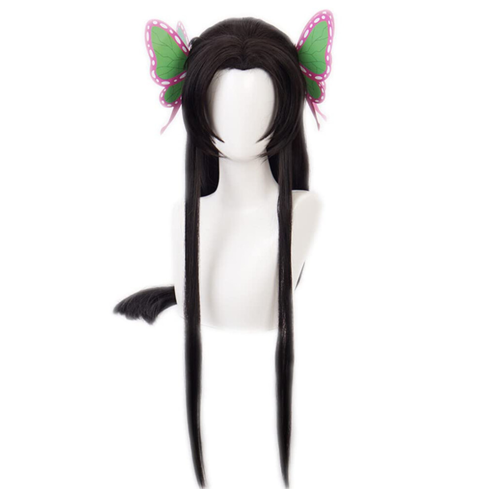 Unisex Anime Cosplay Wig Kochou Shinobu With Butterfly Hairpin Heat Resistant Fiber Adjustable Cap For Halloween