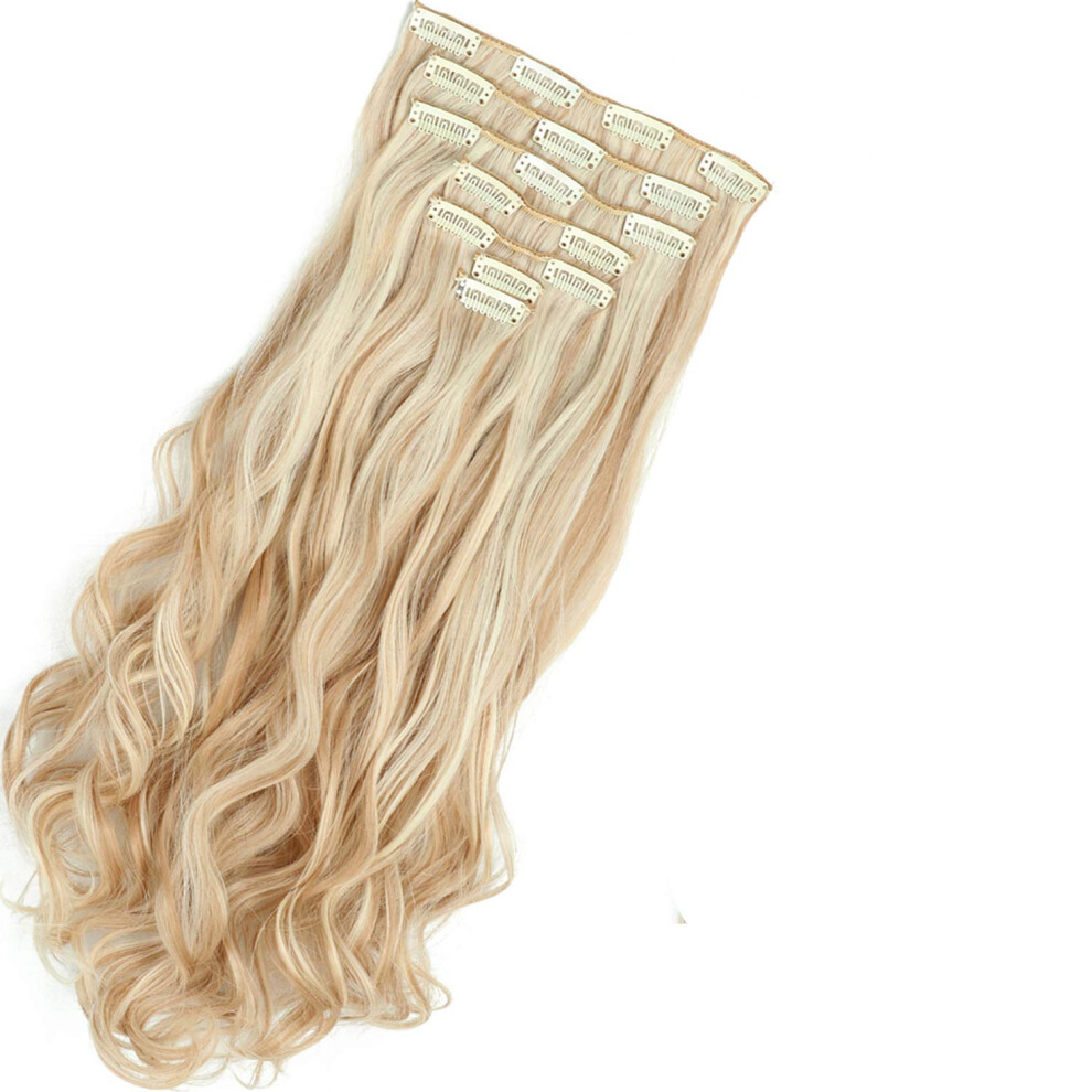 Clip in Hair Extensions 18H613 Light Brown 22 Inch Synthetic Wavy Set with HeatStylable Waves