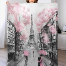 Romantisk filt med Eiffeltornet i Paris, 60x90 tum, rosa mjuk och mysig fleece för soffa/bäddsoffa - kompatibel med heminredning