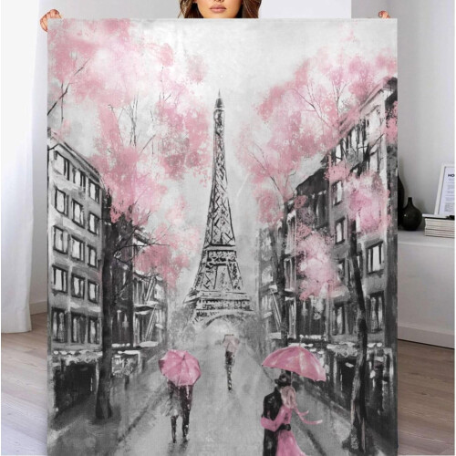 Ρομαντική κουβέρτα Paris Eiffel Tower 60x90 ίντσες, ροζ απαλό φλις για καναπέ-κρεβάτι -