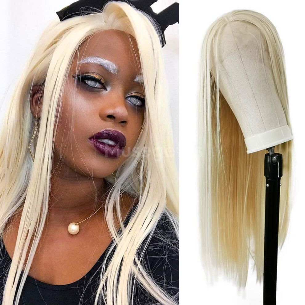 Unisex Gold Blonde Lace Front Wig 24 Inch Long Straight Synthetic, Natural Hairline, Glueless Fit