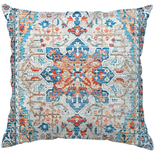 Μαξιλαροθήκες Boho 20x20 ίντσες, Περσικό χαλί, πορτοκαλί μπλε, vintage λινές θήκες για
