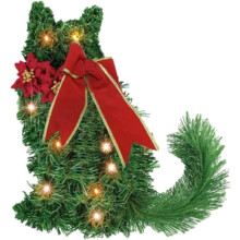 Grön julkrans av katt med LED-lampor, vinterkrans för ytterdörr, fönster, öppen spis, röd rosett, konstgjorda tallbarr, säsongsbetonad
