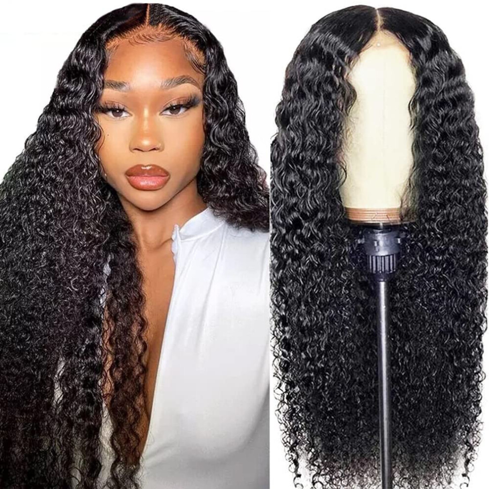 Unisex Black Human Hair Lace Closure Wig 4X4 Brazilian Remy Deep Curly Pre Plucked Bleached Knots Natural Hairline