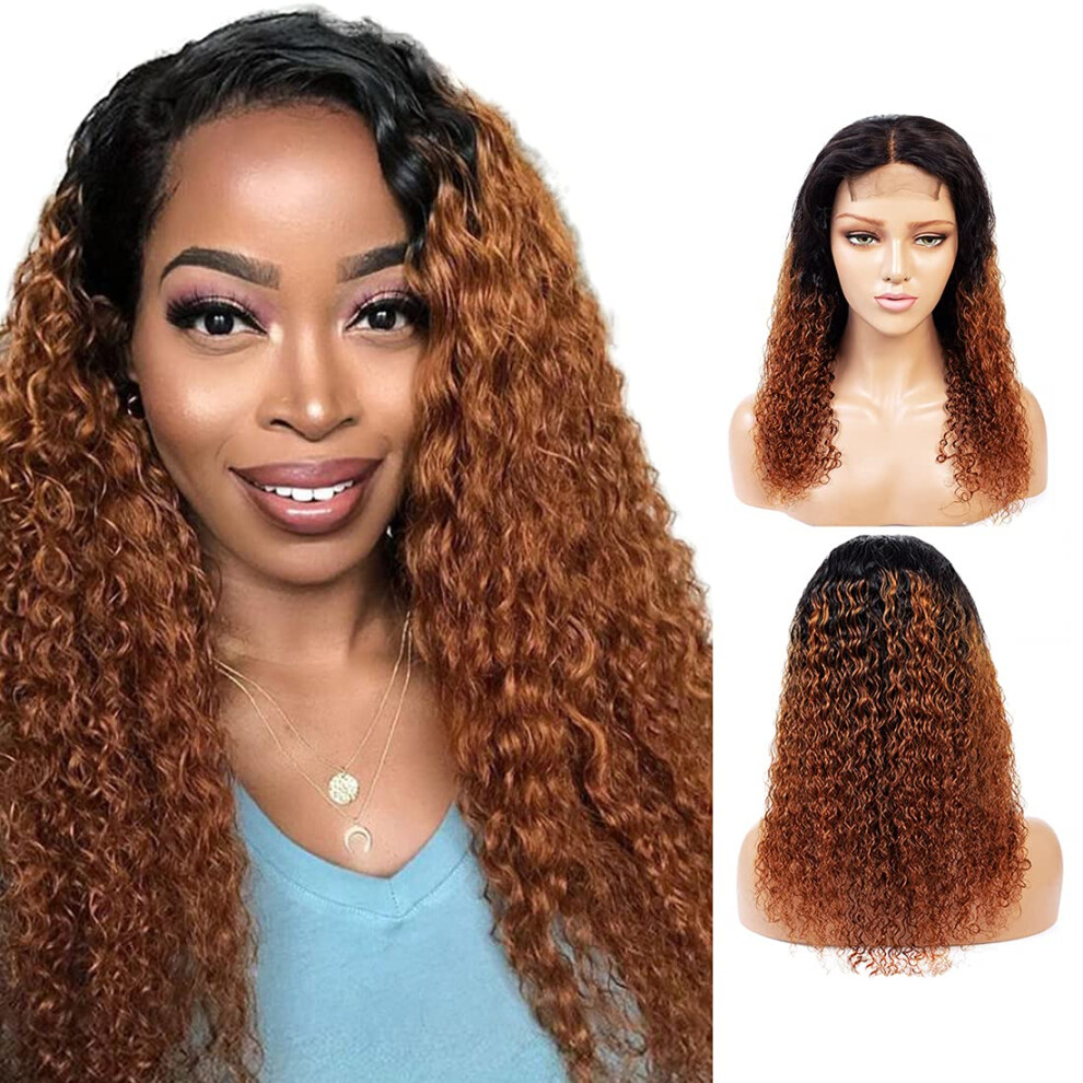 Unisex Human Hair Lace Front Wig 4X4 Lace Closure Brazilian Kinky Curly Ombre 1B/30 Glueless 22 Inch