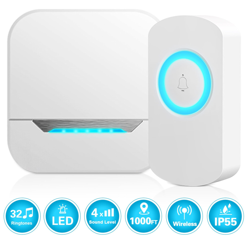 Wireless Door Bell,Mini Waterproof Doorbell Chime Operating At 1000 Feet With 32 Melodies,4 Volume Levels & Led Flash,White 9482828458767