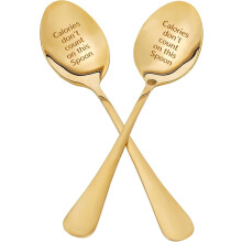 2Pcs Golden Engraved Stainless Steel Spoons 7.2'' - "Calories Don't Count" with Gift Box, Ideal for Christmas, Birthday, Wedding