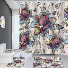 4-delige douchegordijnset met bloemenprint, inclusief vloerkleed, toiletbrilhoes en badmat, antislip, vintage vlinderdesign, inclusief 12 haken,