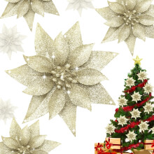Miuzychael 15 stuks gouden poinsettia's, kunstmatige kerstbloemen met clips, geschikt voor kerstboomversiering, bruiloft en nieuwjaarsornamenten.