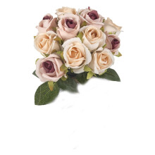 XIUH Woondecoratie Boeket met 12 kunstmatige rozen, zijden nepbloemen en bladeren, bruiloft, feest, huisdecoratie (beige)