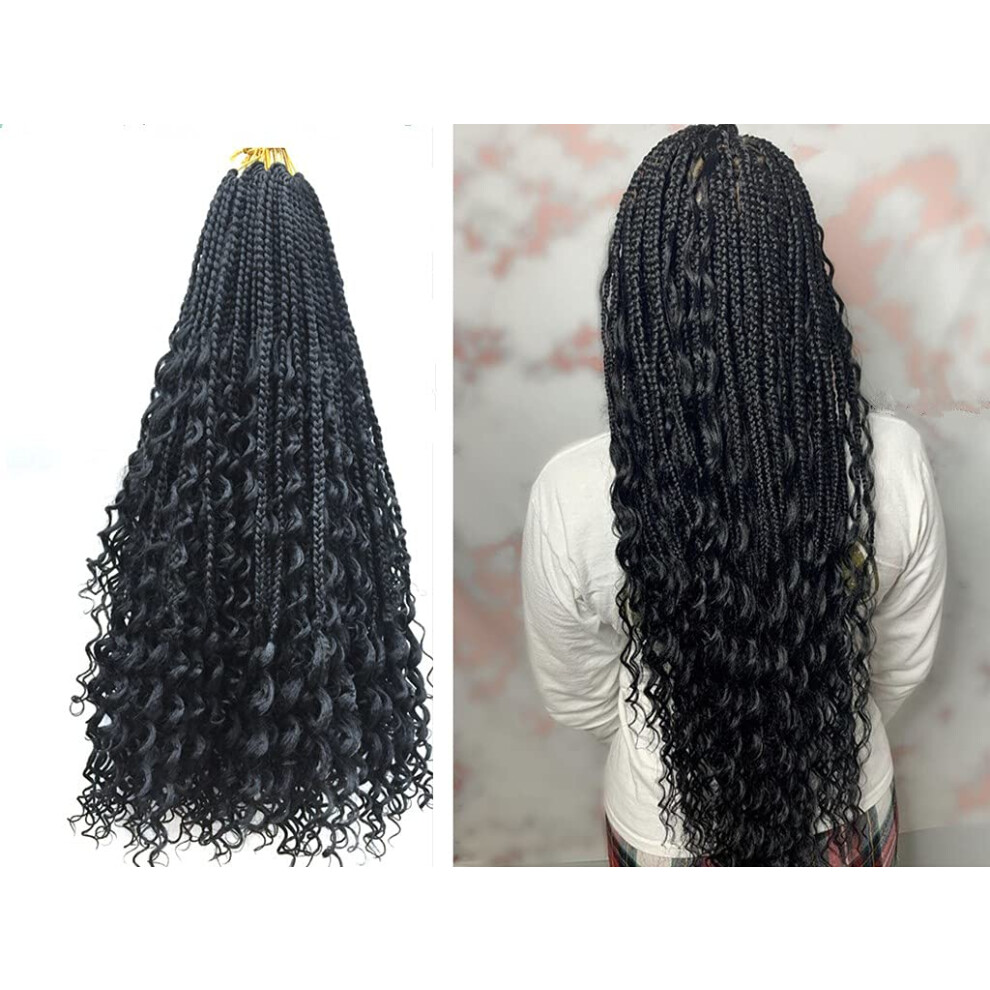 Unisex Black 20 Inch Box Braid Crochet Hair With Curly Ends, Prelooped Goddess Braids 8 Pack 1B For Women