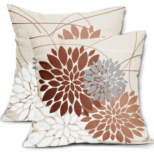 Kissenbezüge in gebranntem Orange, 45 x 45 cm, 2er-Set, passend zur Herbstdekoration, Dahlien-Dekokissen für Sofa, Outdoor-Landhaus-Herbst-Leinen