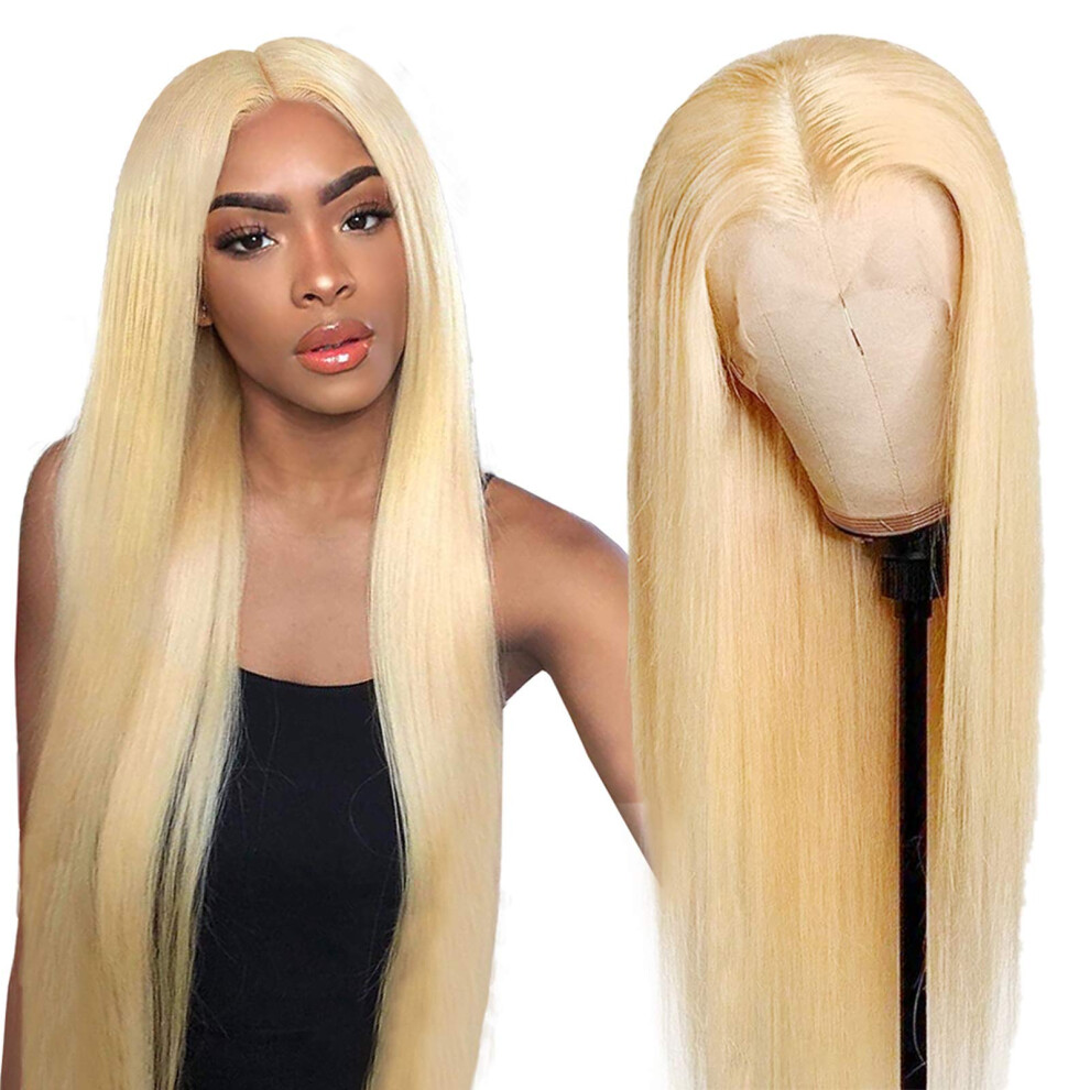 Unisex 613 Lace Front Wig Human Hair 16 Inch Brazilian Remy Blonde Transparent 13X4 Preplucked Silky Straight