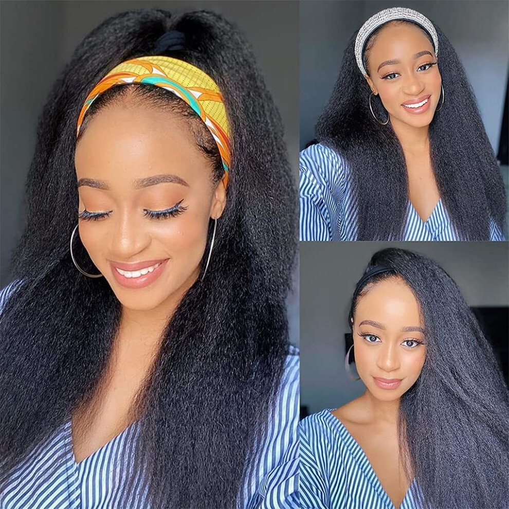 Unisex Black Kinky Straight Headband Wig Human Hair Brazilian Remy 150 Density Natural 14 Inch