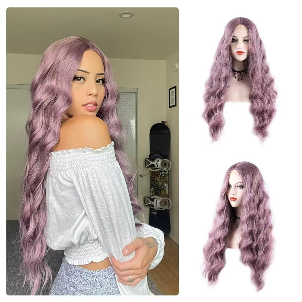 Purple Long Wavy Synthetic Wig Natural Wave Heat Resistant Fiber for Cosplay and Daily Wear