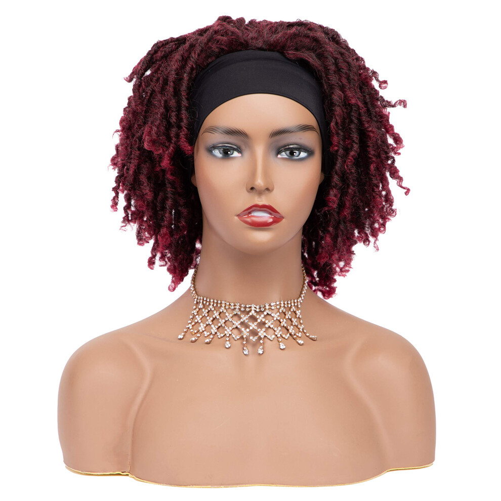 Unisex Black Short Dreadlocks Twist Wig For Women, 6 Inch Synthetic Curly Faux Locs With Elastic Band 1B/Burg