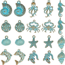 Set de pandantive cu tematică oceanică, 1 cutie, 40 de bucăți, 10 stiluri, compatibile cu bijuteriile Sea Life, culoare turcoaz antic, pachet