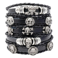 Vintage Gothic Punk Totenkopf-Stern-Armband aus Metall und Leder, mehrlagig, Herren-Armbänder & Armreifen