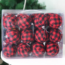 24Pcs Christmas Buffalo Plaid Ball Ornaments, Compatible with Farmhouse Tree Decor, Black & Red Fabric Wrapped Balls for Holiday Party