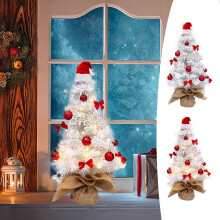 Jacenvly 17.7" White Flocked Lighted Christmas Tree with Pendants, Desktop Small Xmas Decoration for Bedroom, Compatible with Mini Tree Ornaments