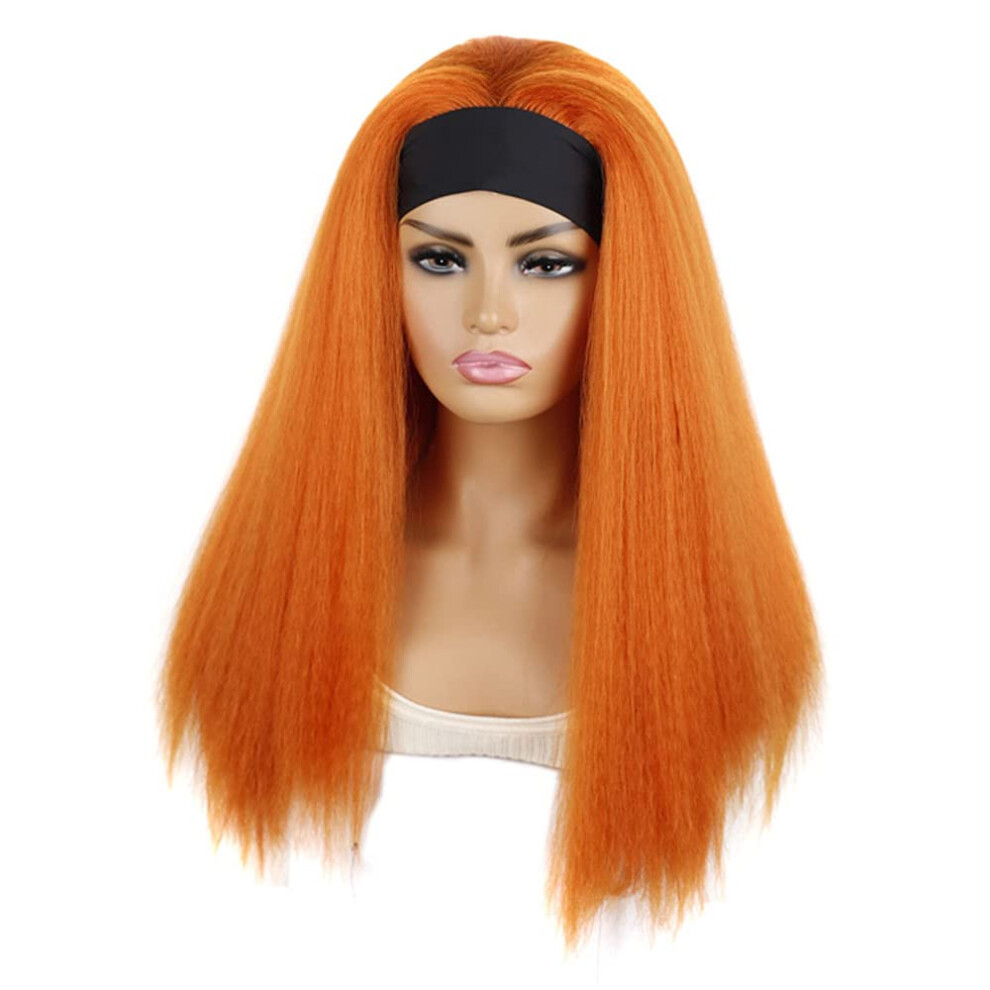 Unisex Orange,Black Orange Headband Wig Synthetic Kinky Straight 24 Inch Heat Resistant Yaki Style For Black Women