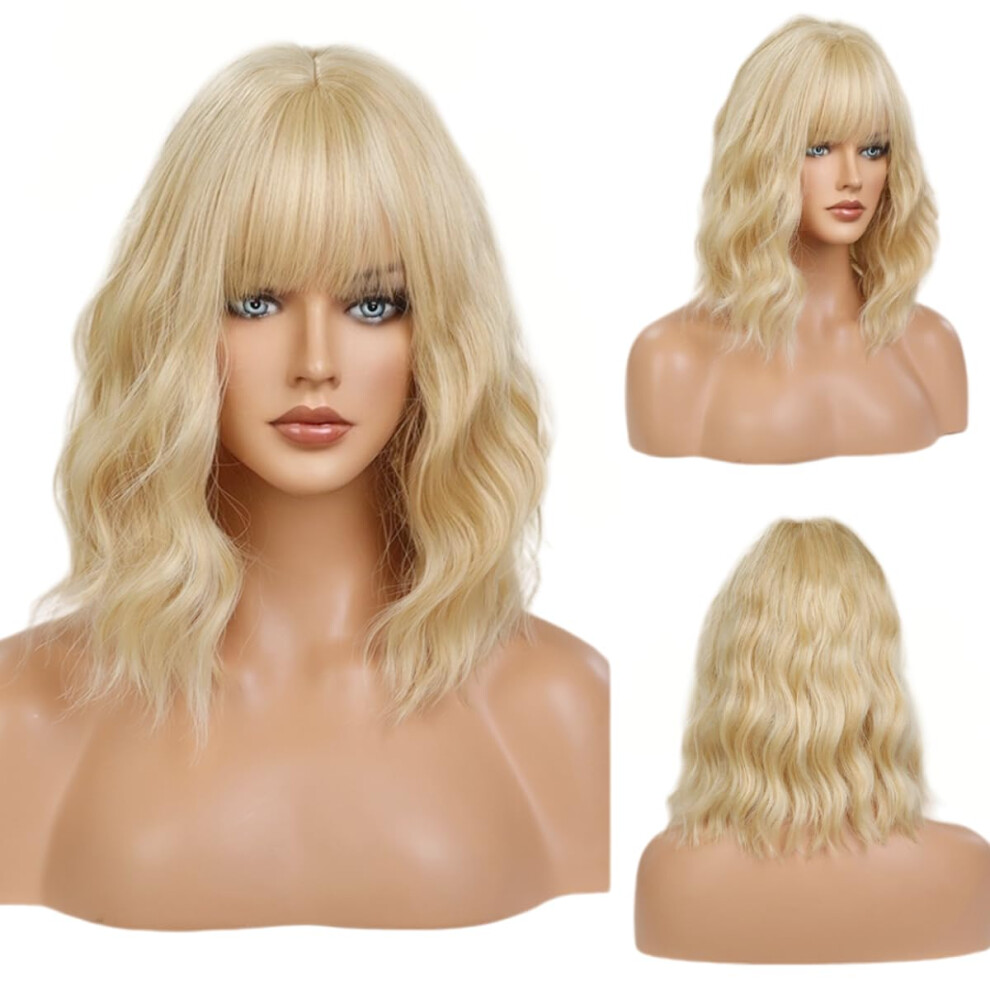 Unisex Blonde Wavy Wig With Bangs Short Curly Bob Synthetic Heat Resistant Hair For Women Girls