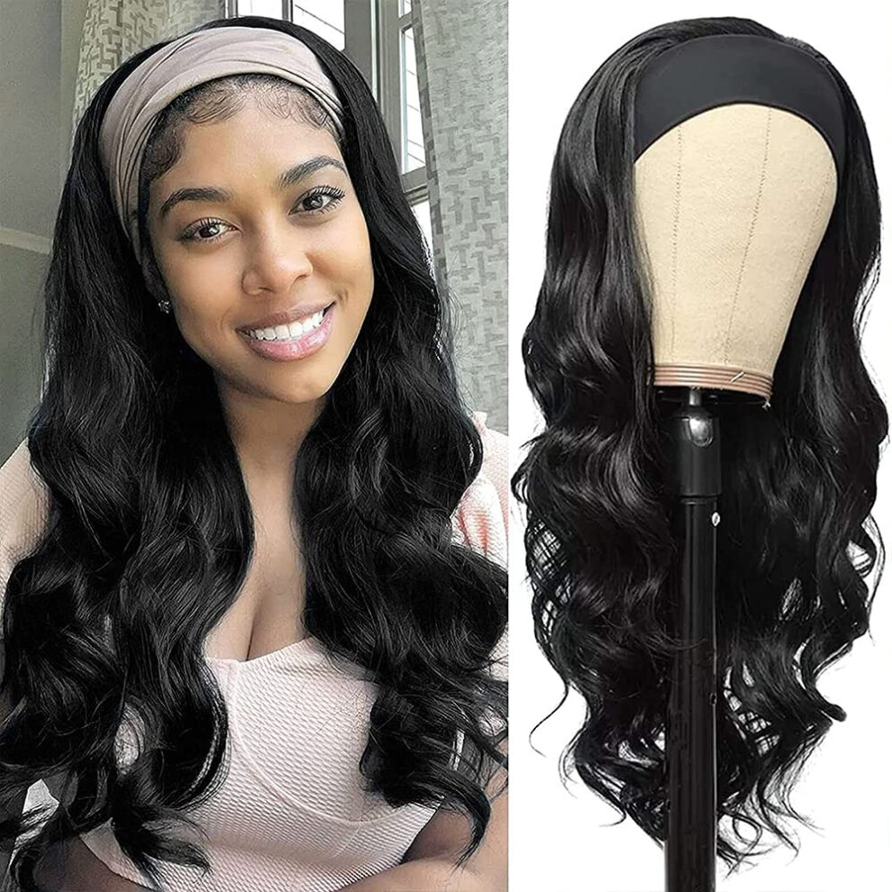 Unisex Black 26 Inch Body Wave Headband Wig Brazilian Virgin Human Hair Glueless Natural Hairline For Women