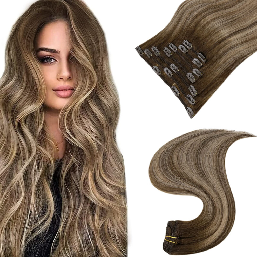 Unisex Brown Balayage Dark To Caramel Blonde Clip In Hair Extensions 22 Inch Remy Human Hair 7Pcs Set