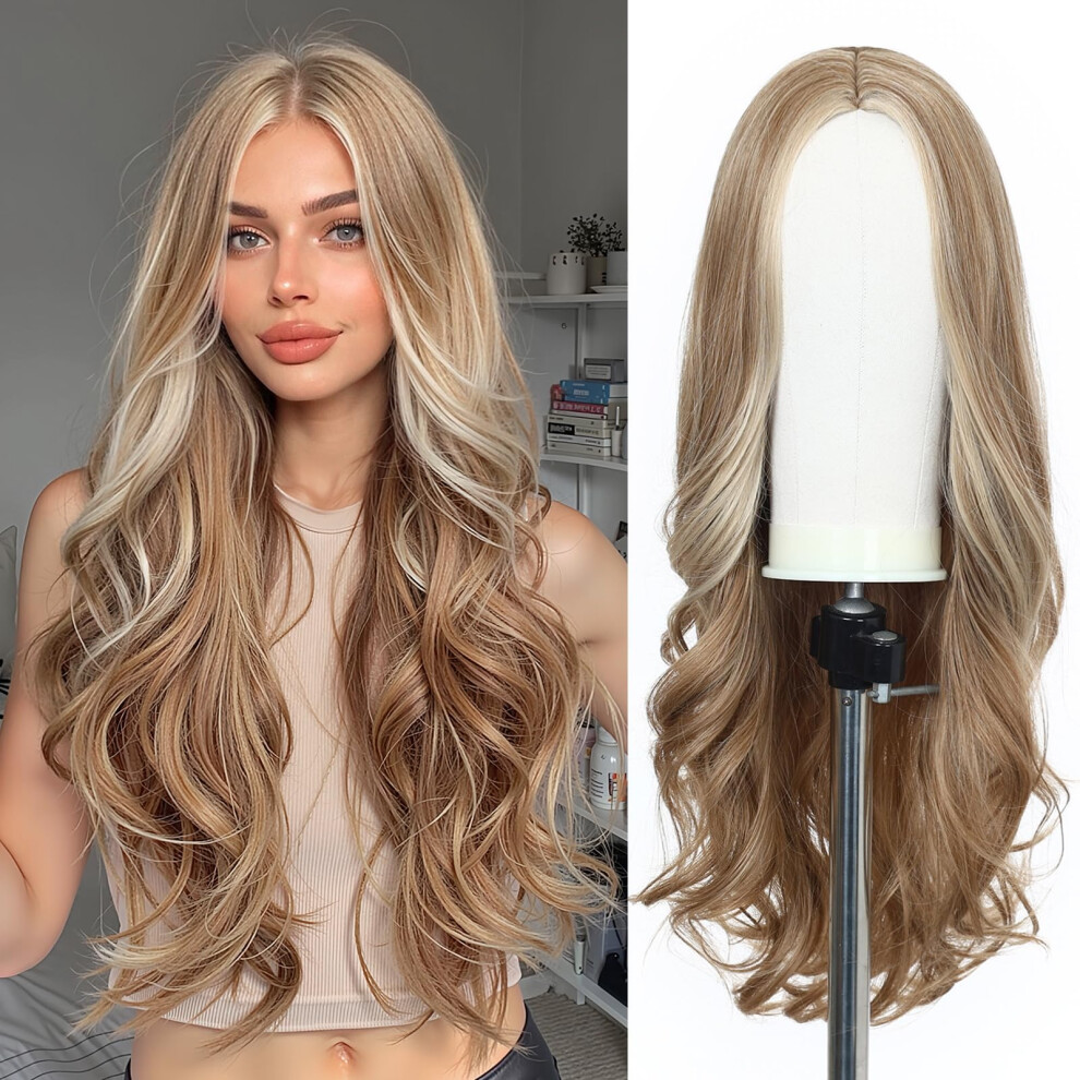 Unisex Honey Blonde Long Wavy Synthetic Wig 24 Inch Natural Hairline Middle Part For Women