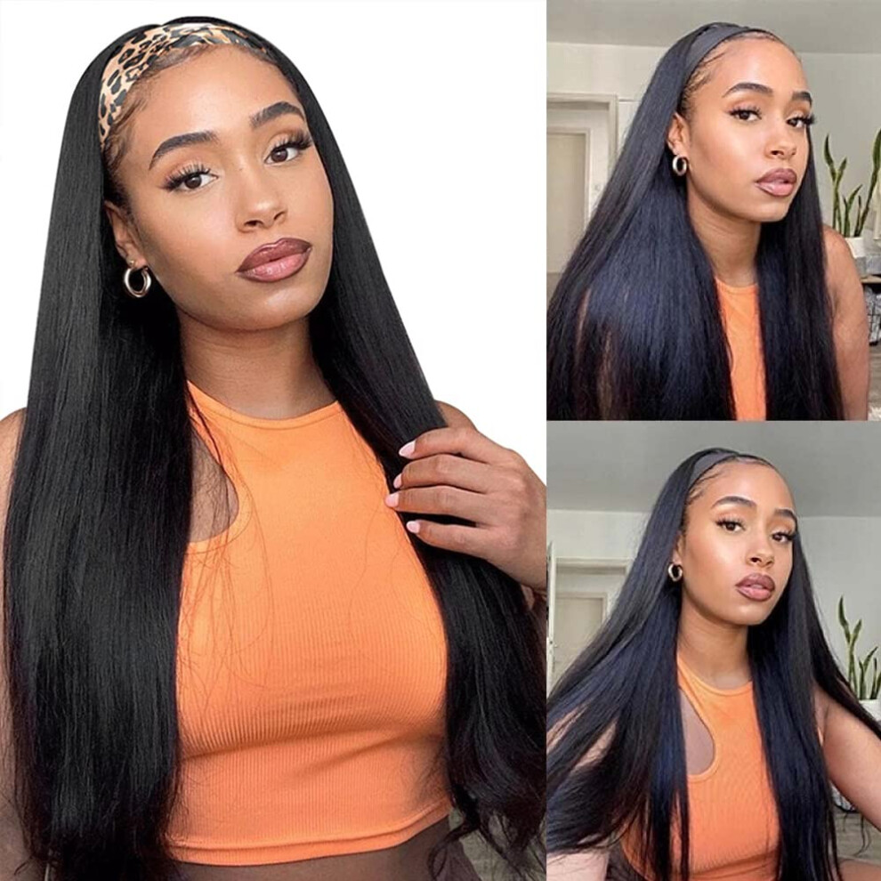Headband Wig Straight Human Hair 28 Inch Brazilian Virgin Glueless for Black Women Natural Shine