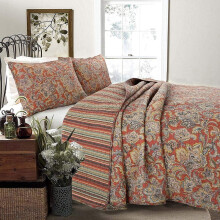 Ensemble de literie réversible 3 pièces, couvre-lit vintage rouge-orange 100 % coton, idéal pour chambre ou appartement - Queen
