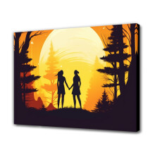 Două femei în pădure, siluetate pe fundalul apusului, poster pe pânză, 8x12inch (20x30cm), stil ramă, compatibil cu