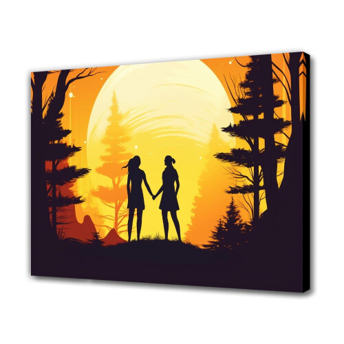 Pôster em tela "Duas Mulheres na Floresta, Silhuetas Contra o Pôr do Sol, De Mãos Dadas", 20x30cm (8x12 polegadas), com moldura, compatível com